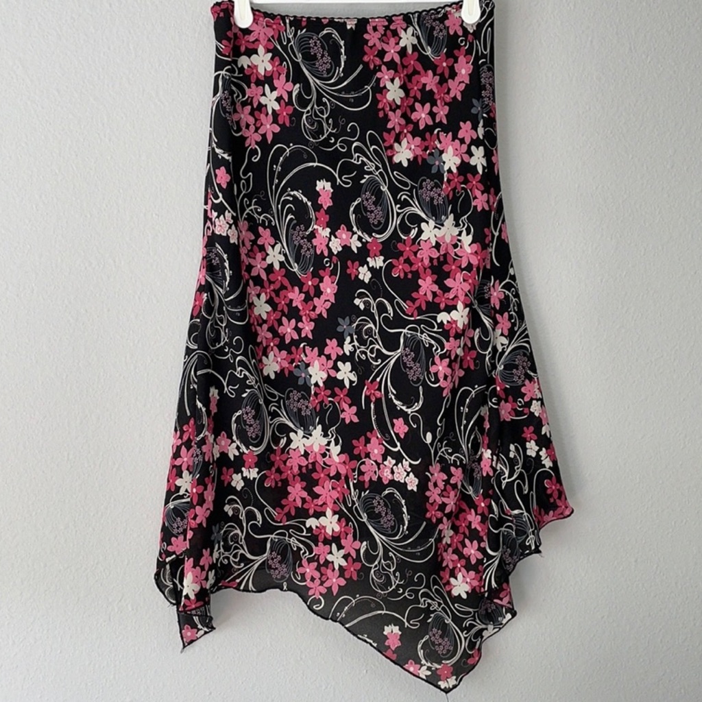 Black Floral Asymmetric Hem Midi Skirt Size S